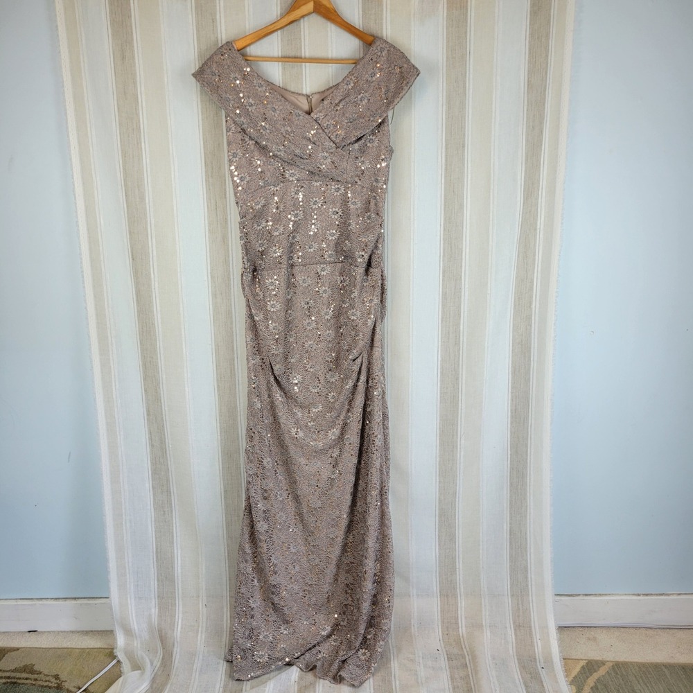 Alex Evenings Sequins Off the Shoulder Maxi Dress Lace Tan Gray Size‎ 16